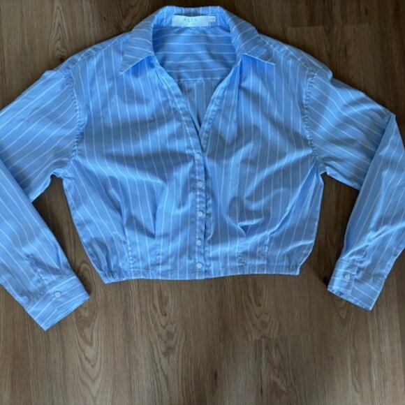 ASTR The Label Tops - ASTR The Label Blue Stripe Long Sleeve Oversized Cropped Shirt EUC S